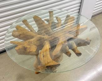 FTH446- Beautiful Burlwood Root Table With Glass Top