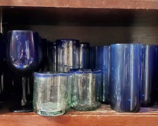 Blue drinking and wine glasses