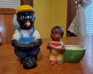 Vintage Black Americana String Holder and boy eating watermelon planter