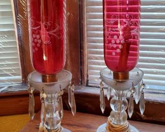 Pair Of Vintage Etched Hurricane Boudoir Lamps W/Prisms