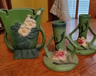 Roseville Pottery Magnolia Green Candle Holders