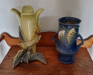Hull Pottery Unicorn Vase and Roseville Freesia Blue Two Handled Vase