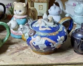 MAJOLICA Teapot CHERUBS Fairies RAMS HEAD SPOUT Cobalt Blue