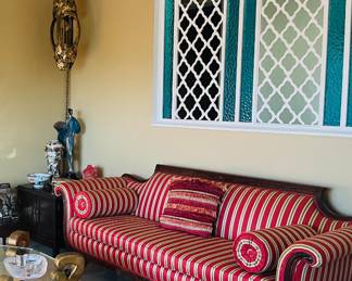 Rare Vintage Red Striped Rolled Arm Rest Sofa