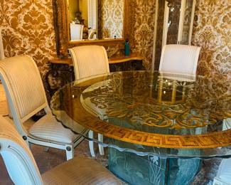 Gold inlay glass dining table with artist’s signature - purchased for $55K around 40 yrs ago from Spain.