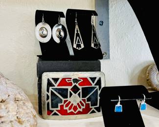 Vintage sterling earrings, belt buckles, bracelets.