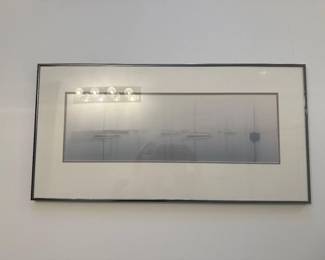 Framed photo of boats in fog; $175
