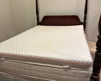 Mahogany carved wood four poster bedframe with queen sized mattress and box spring; $300