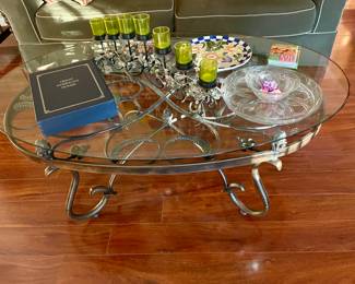 Nice oval glass and metal table with black & green candle hold, glass chip and dip set and more.