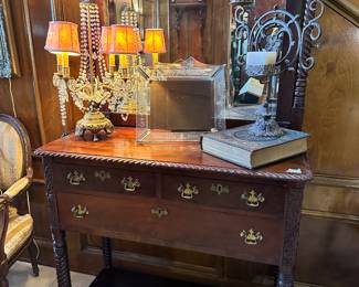 1820's Chest with Mirror, Crystal Lamp, Frame, Bible, Candle Holder