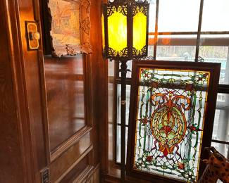 1920’s Slag Glass Lamp and Stained Glass Panel