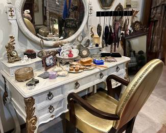Vanity with Mirror, Gold Chair, etc.