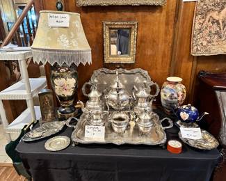 Lamp, Silver Plate Tea Set, Silver plate, Vase, Teapot, Souvenir Spoons