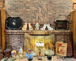 Painted Trays, Screen, Tiffany Style Lamps, Staffordshire Dogs, etc.