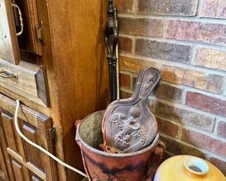 Leather Fire Bucket, Antique Fireplace Tools and Bellows