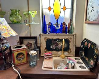Hand Painted Trays, Colored Bottles, Decor