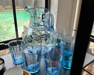 Blue Glass Pitcher and Glasses