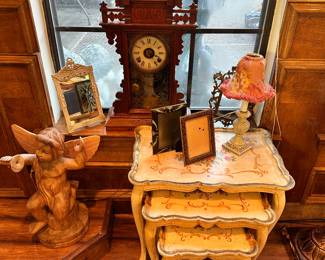 Hand Painted Nesting Tables, Antique Wood Mantle Clock, Mirror, Small Lamp, Carved Wood Angel