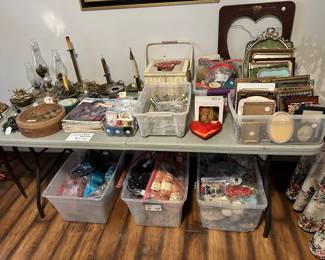 Antique Candleholders and Oil Lamps, Sewing notions, Frames, Yarn