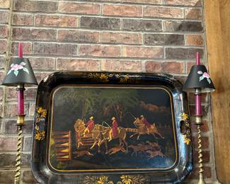 Vintage Hand Painted Tray and Candle sticks
