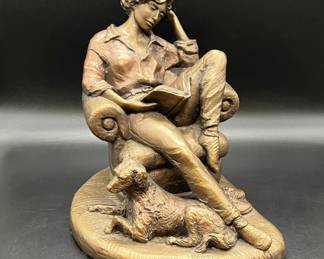 Vintage Alice Heath Sculpture - Woman Reading With Dog 1989