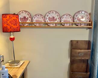 Wall mounted play display rack, red fabric lamp, Wooden wall mounted magazine/Book rack.