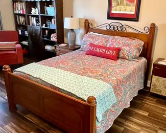 Queen size oak bed with Temper-Pedic Mattress (Bookcase in background not included in this sale)