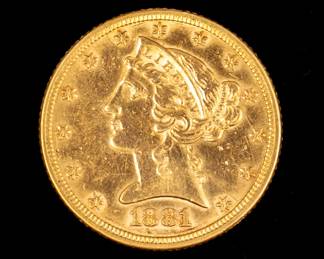 Lot 6: 1881 U.S. $5 Gold Coin