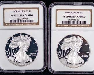 Lot 38: Two 2008-W Proof American Silver Eagles NGC PF69 Ultra Cameo