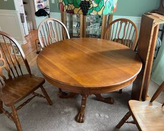 Solid wood table with 4 chairs $200
Table 48” round closed
Leaves 11.5” each
Oversized chair 20”wide 27”deep
17.25”H to seat