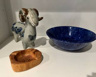 El Palomar Mexico Ram Ceramic Figurine, Blue and White Speckled Ceramic Bowl, Wood Carved Ash Tray