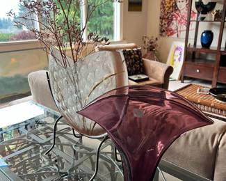 Blenko Purple Glass Fan Vase, Clear Bubble Vase with Metal Stand Vase