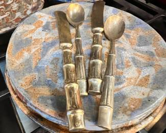 Brass Toned Bamboo Design Cutlery - 2 Butterknives, 2 Spoons