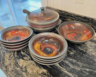 Set of 9 Red and Two Toned Brown Pottery Bowls with Matching Lidded Casserole Dish with Spoon