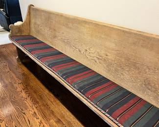 Church Pew with Red, Green & Black Striped Padded Seat