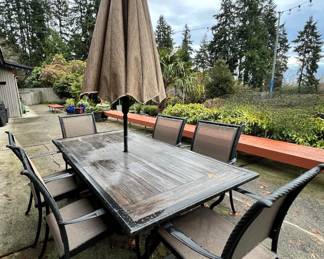Large Wood & Black Metal Patio Table with 6 Chairs