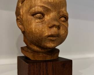 Carved Wood Baby Head Sculpture by Petter C. Omtvedt