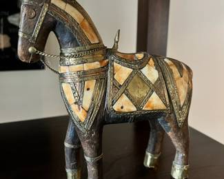 Hand Carved Wood Armored Horse Figurine with Brass, Copper, Stone Inlay