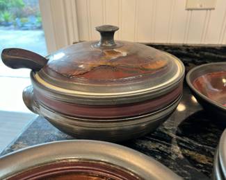 Set of 9 Red and Two Toned Brown Pottery Bowls with Matching Lidded Casserole Dish with Spoon