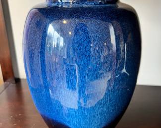 Mid Century Pottery Blue Feathered Pattern Vase - Made in Japan