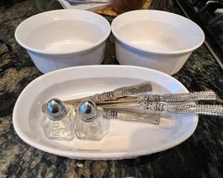 Set of 4 - 1960s Silea Silver Plated Butter Spreaders with Tassel Handles, Pair of White Ceramic Ramekins