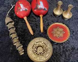Brass Chinese Zodiac Incense Tray, Vintage HandPainted Seed Pod Maracas,  More