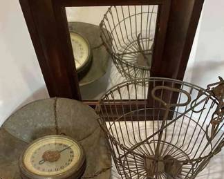 Antique Wood Framed Mirror, Egg Collecting Basket, Hanging Scale, And Primitive Tools