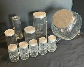 Ten Vintage Hoosier Cabinet Spice Jars Canisters