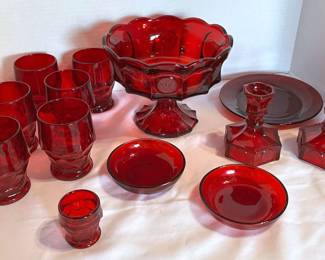 Ruby Red Glassware Fostoria Coin Footed Bowl  Candle Holders, 6 Viking Georgian Glasses,  More