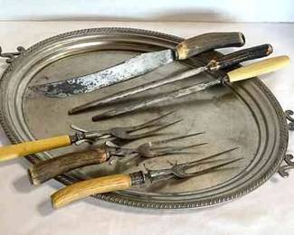 Antler Handle Carving Forks, Knife, Sharpening Rods, And Serving Platter