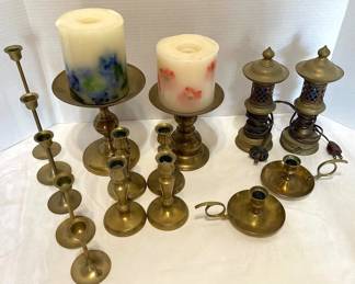 13 Vintage Brass Candle Holders 2 PlugIn Lamps