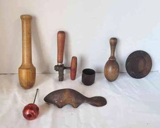 Vintage Can Opener, Wood Pestle, Antique Guantanamo Bay Souvenir Dish And Cup 1.5 Inch