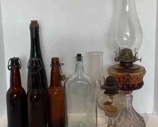 Hurricane Lamp With Antique Jars And Bottles