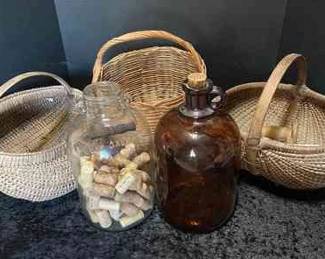 2 Antique Spools, 2 Glass Gallon Jugs, 3 Weaved Baskets 